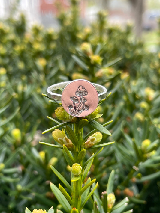 Mushroom Ring | Handmade Mushroom Stamped Ring | Spring Mushroom Sterling Silver Ring